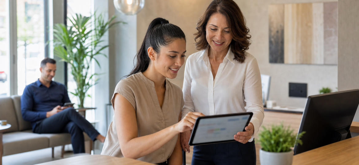 Small business owner and receptionist reviewing a blurred appointment schedule on a tablet in a bright reception area