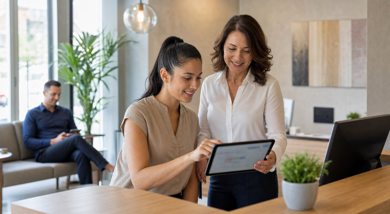 Small business owner and receptionist reviewing a blurred appointment schedule on a tablet in a bright reception area