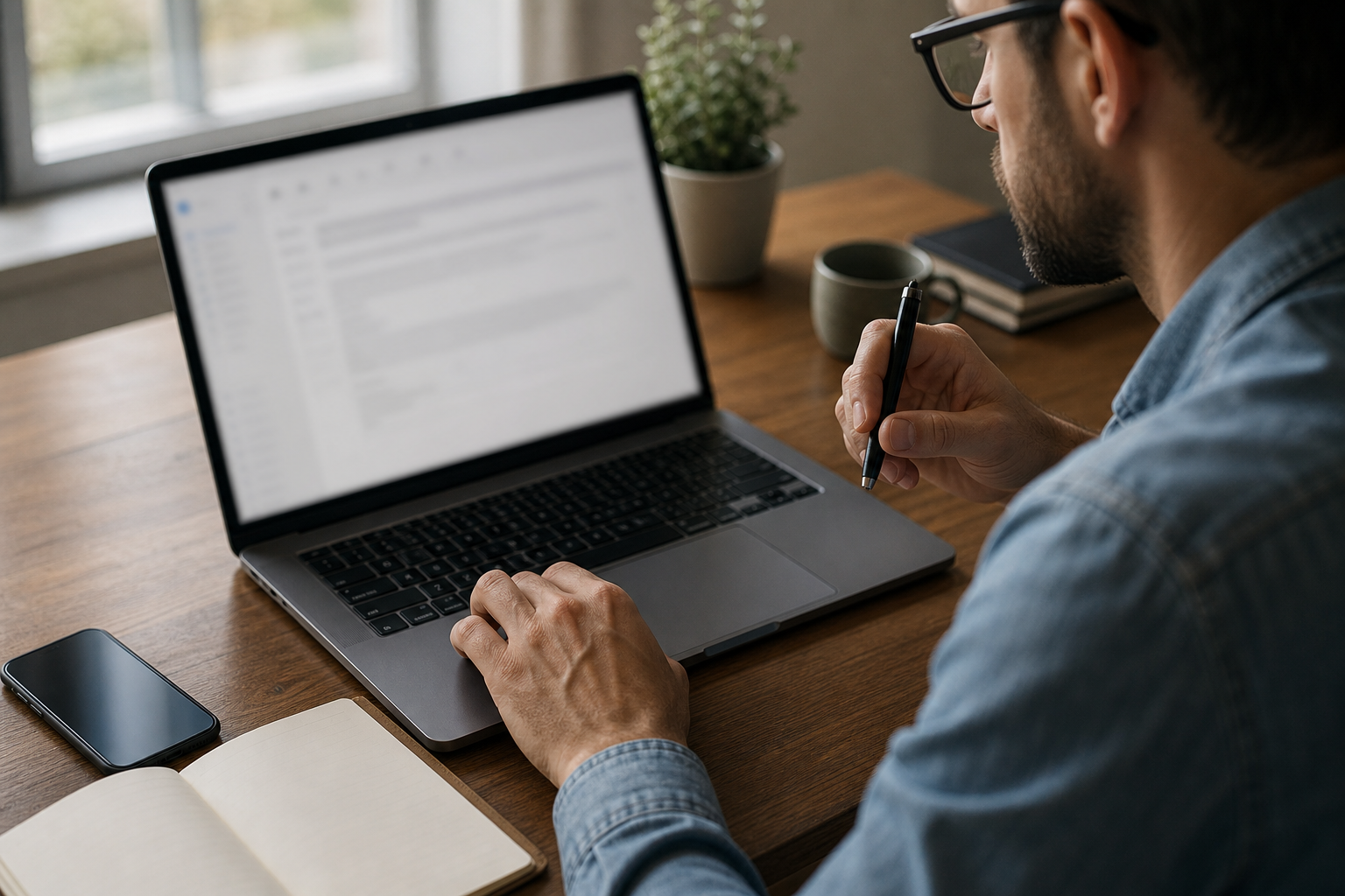 Small business owner reviewing an unreadable AI-assisted draft follow-up before sending