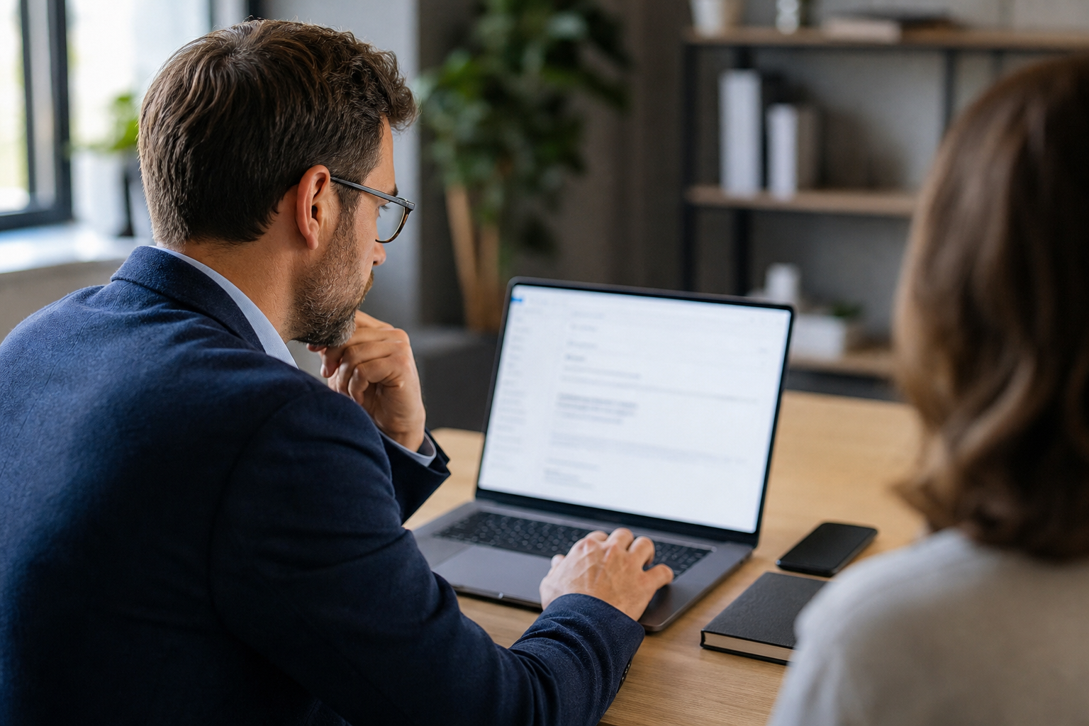 Business owner reviewing a blurred AI-assisted email draft before sending