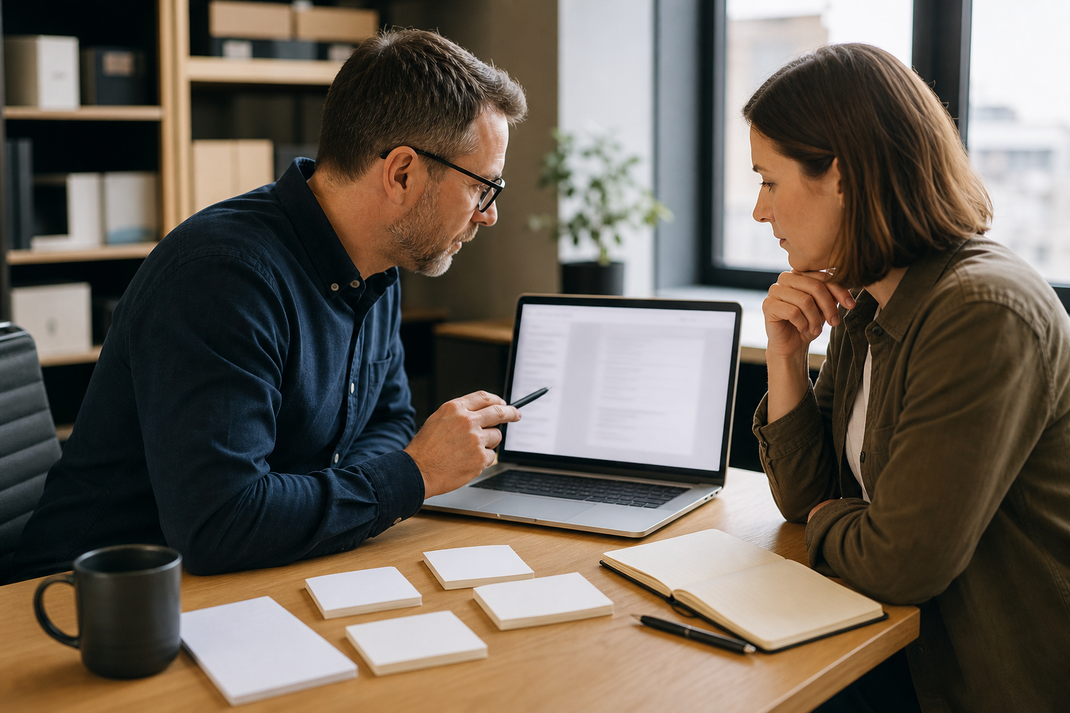 Business owner and operations coordinator reviewing an AI-assisted SOP draft on an unreadable laptop screen
