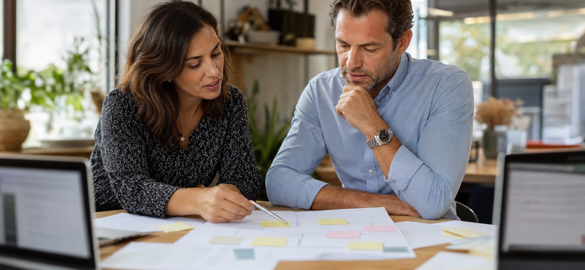 Small business owner and automation advisor reviewing blank workflow cards before hiring AI automation help