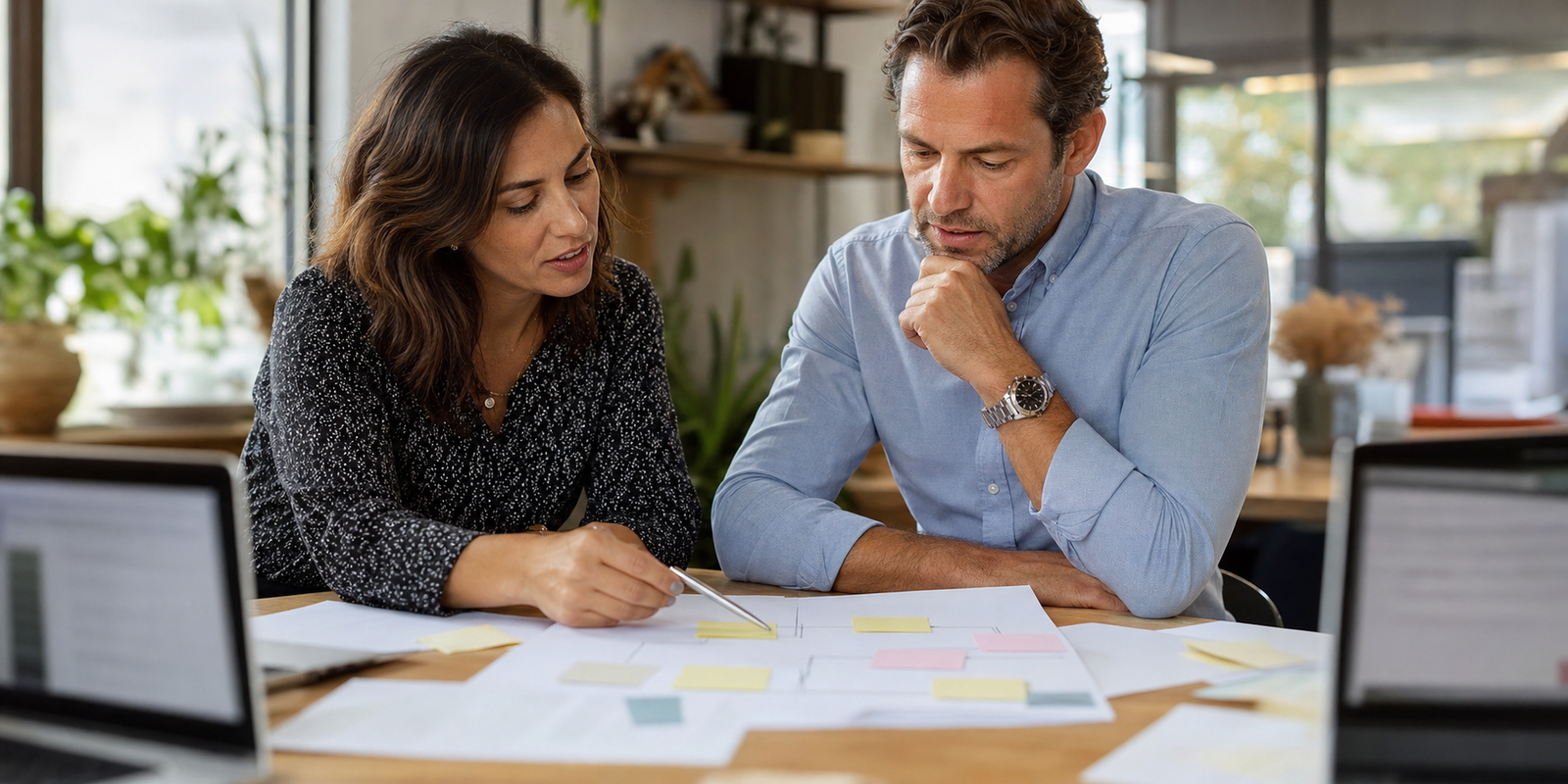 Small business owner and operations lead reviewing blank workflow cards before hiring AI automation help