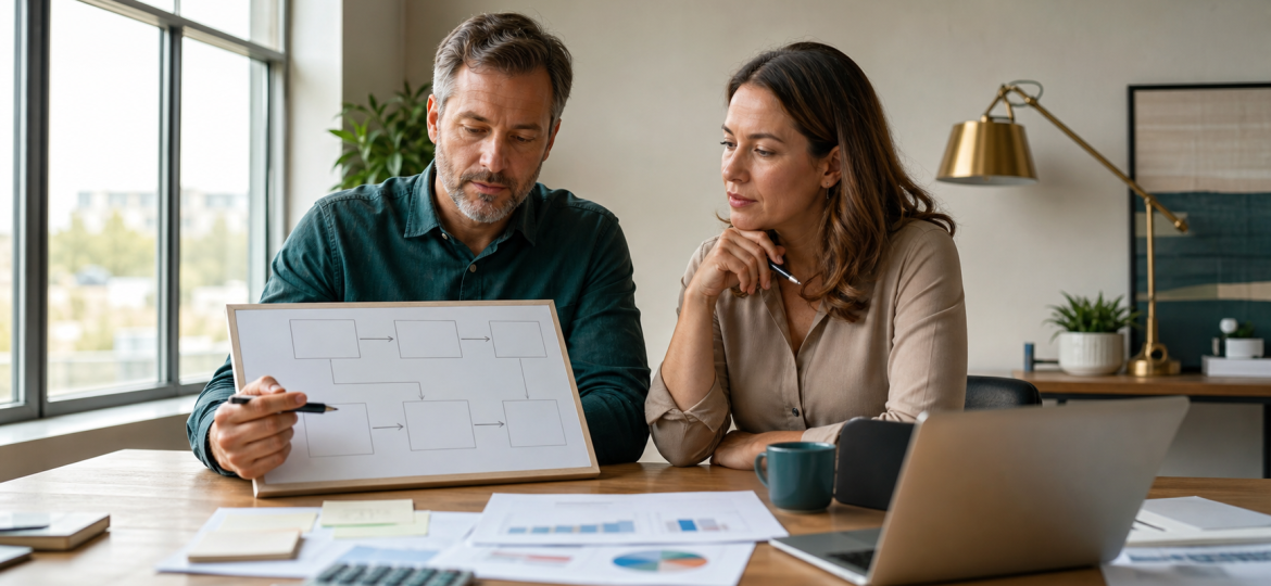 Small business owner and operations lead reviewing AI automation ROI with blank workflow cards and blurred financial materials