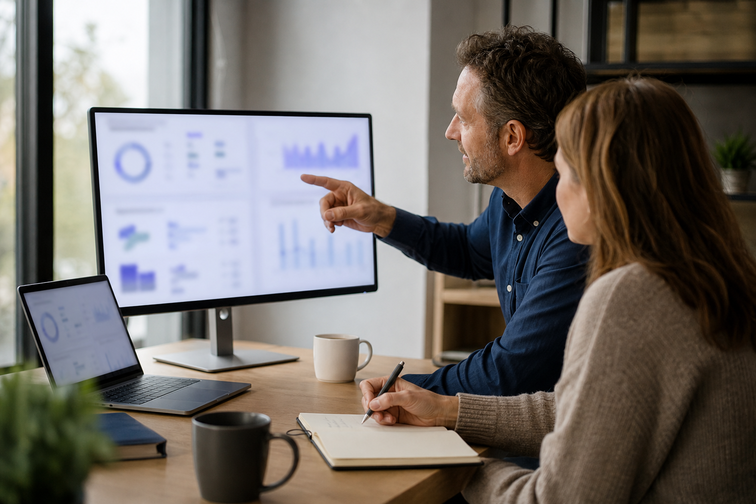 Consultant and small business owner reviewing AI citation visibility patterns on abstract unreadable dashboards