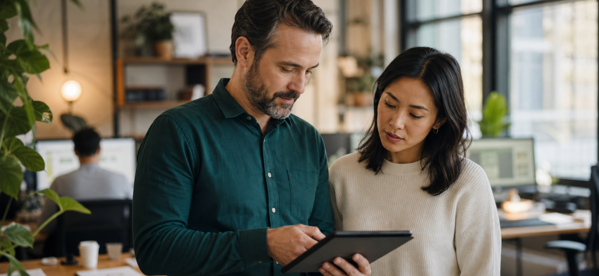 Small business owner and customer support lead reviewing support priorities together in a modest office