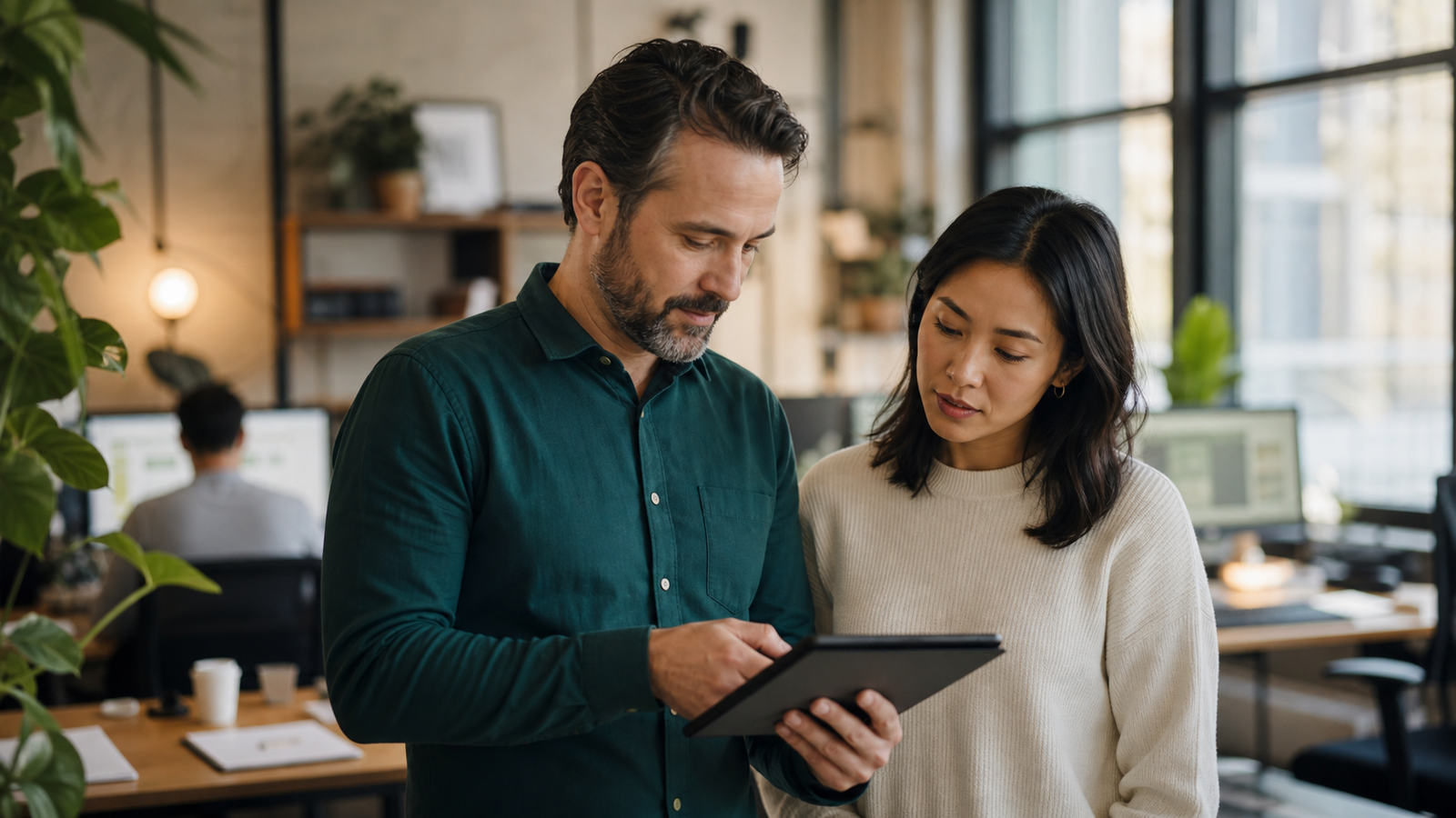 Small business owner and customer support lead reviewing support priorities together in a modest office