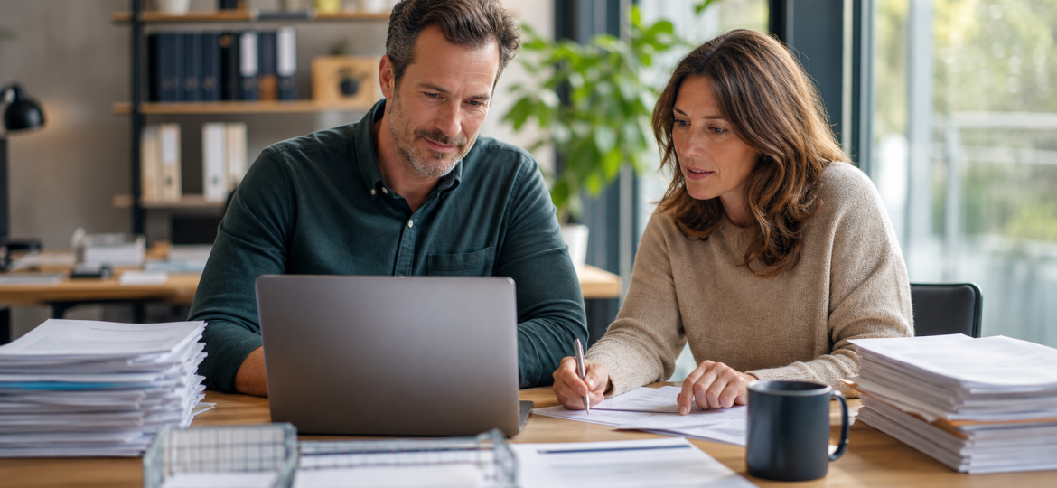 Small business owner and operations manager reviewing AI-assisted document processing with blurred contracts and forms