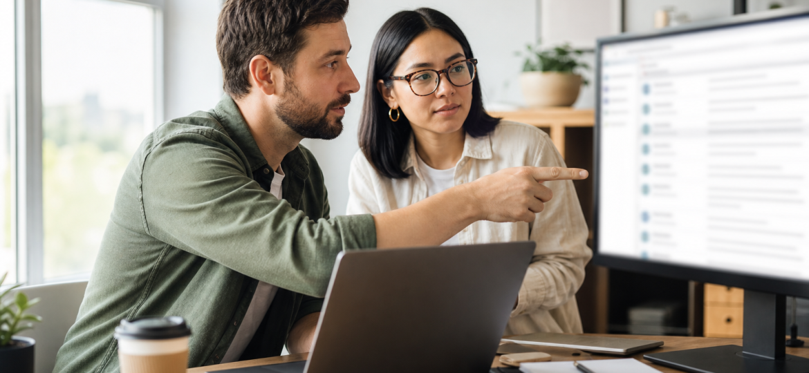Small business owner reviewing AI-assisted email workflow notes beside a blurred laptop inbox