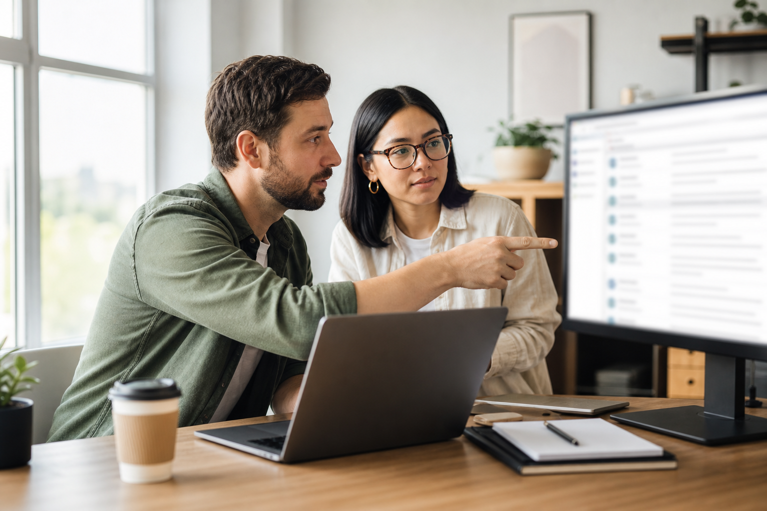 Small business owner and operations manager reviewing blurred email workflow priorities together in a bright office