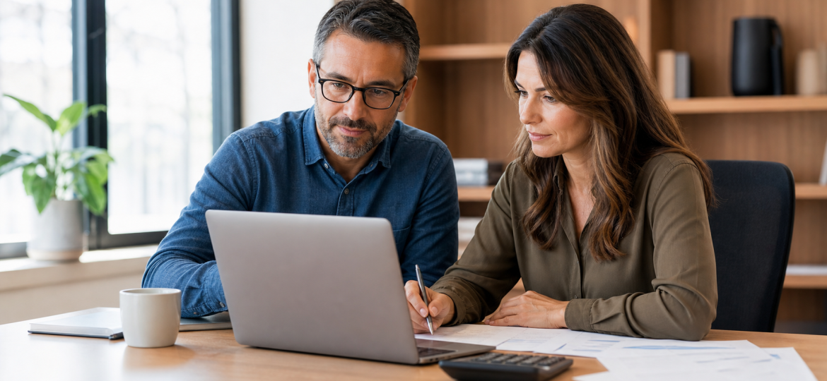 Small business owner and bookkeeper reviewing blurred invoice and cash flow workflow together in a bright office