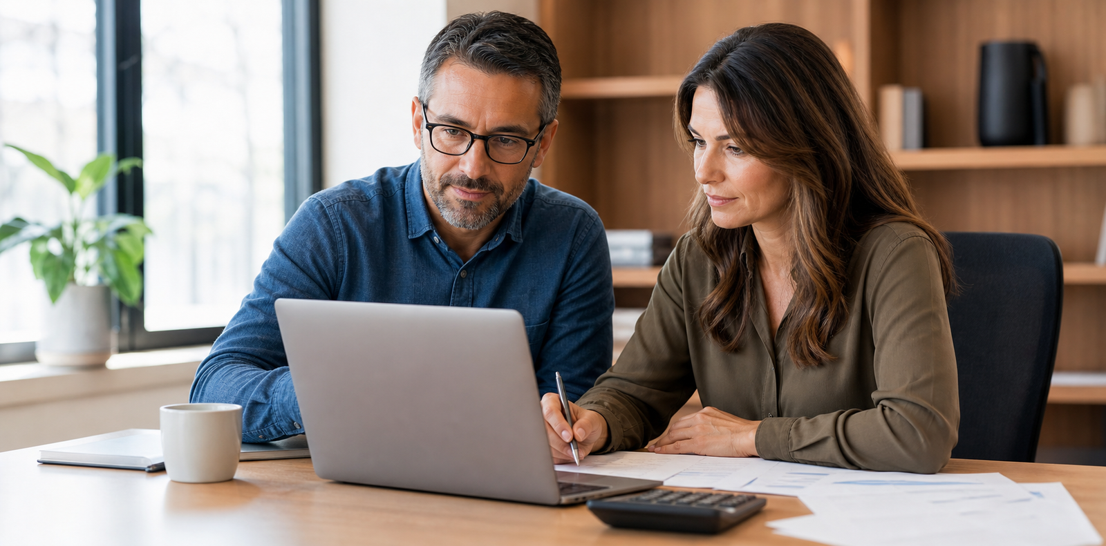 Small business owner and bookkeeper reviewing blurred invoice and cash flow workflow together in a bright office