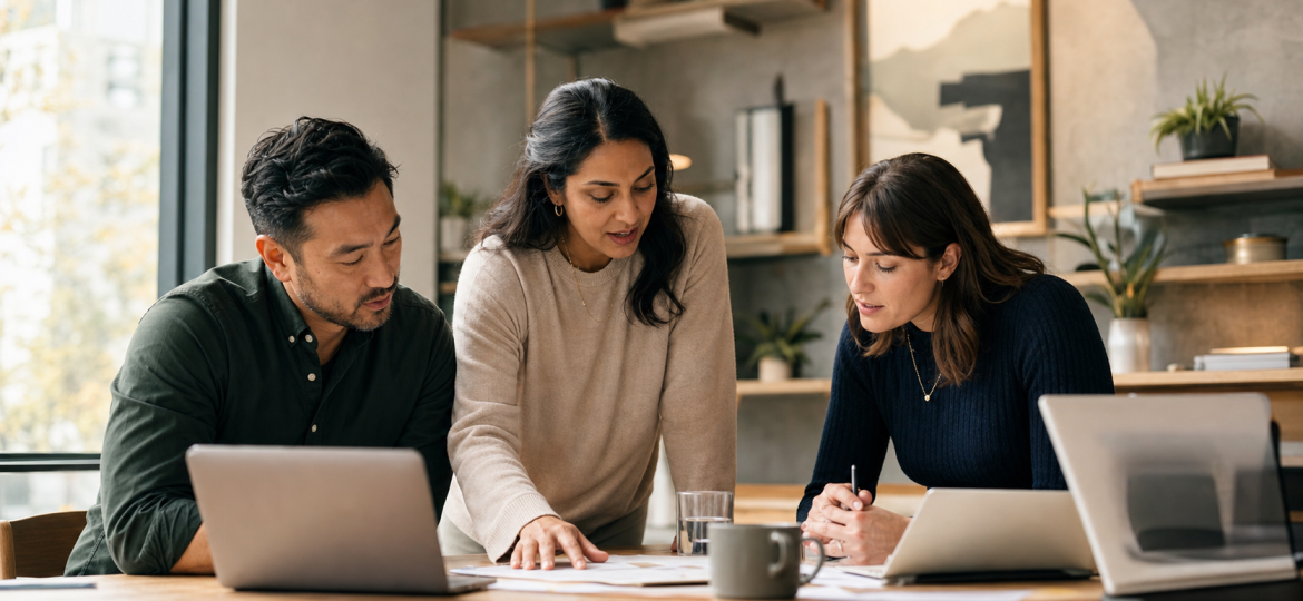 Small business owner and team leads reviewing an AI-assisted operations workflow plan