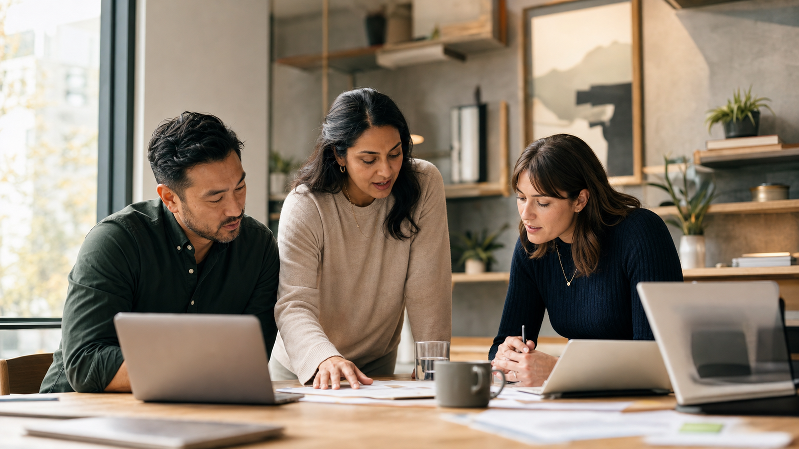 Small business owner and team leads reviewing an AI-assisted operations workflow plan