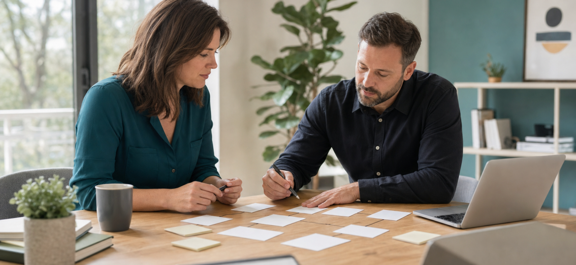 Small business owner and AI automation consultant reviewing blank workflow cards before an AI project starts