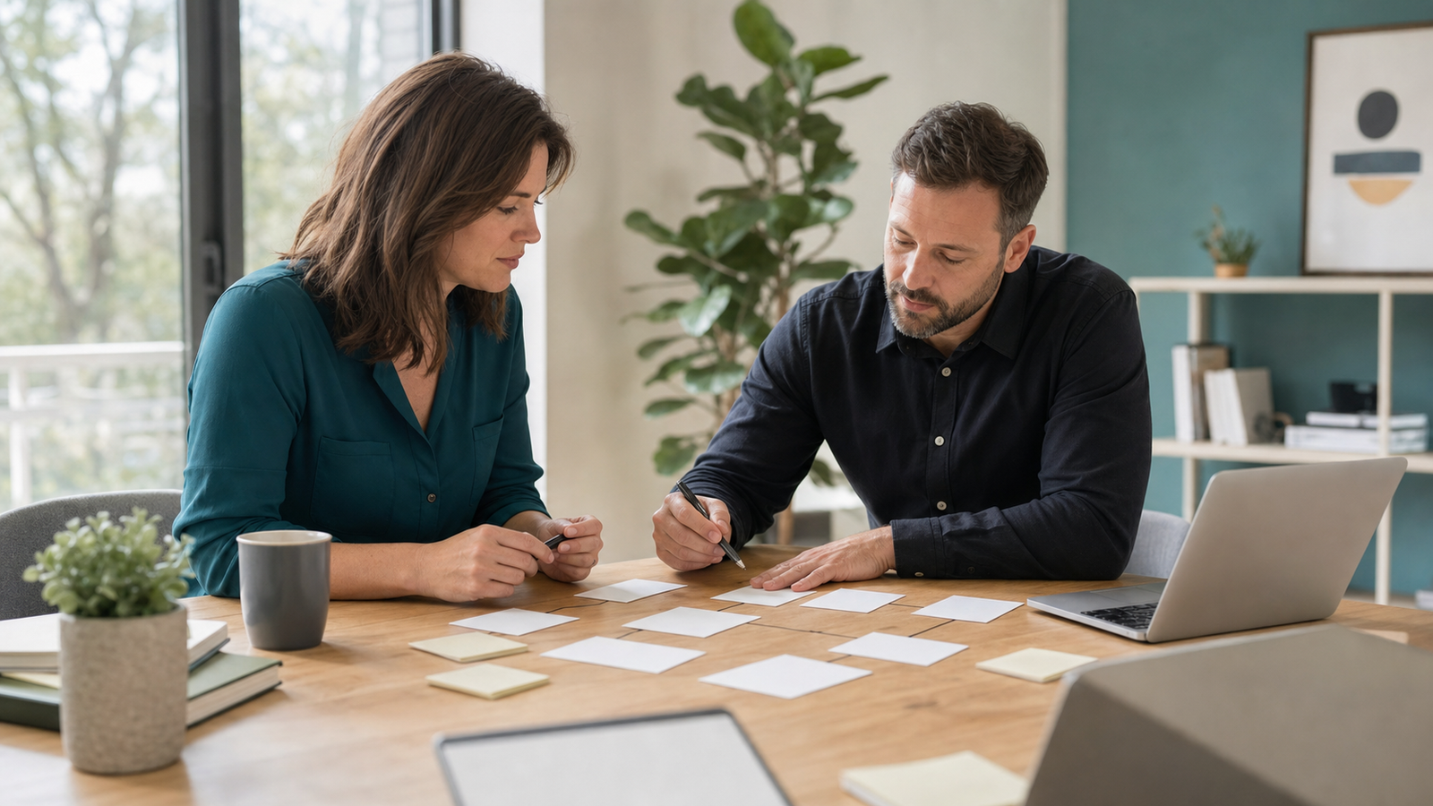 Small business owner and AI automation consultant reviewing blank workflow cards before an AI project starts