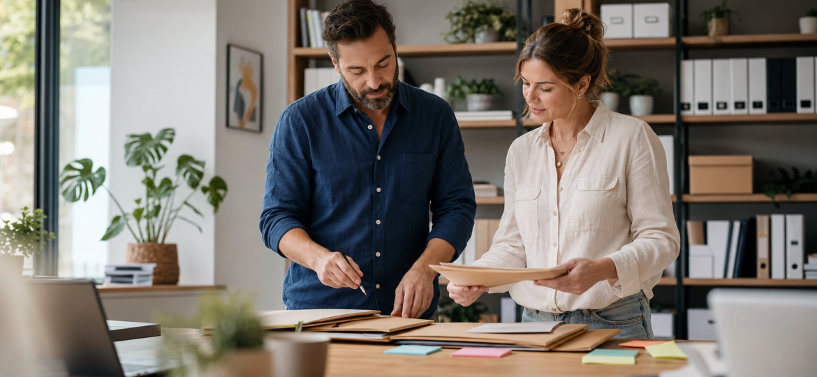 Small business owner and operations lead reviewing an internal knowledge management workflow