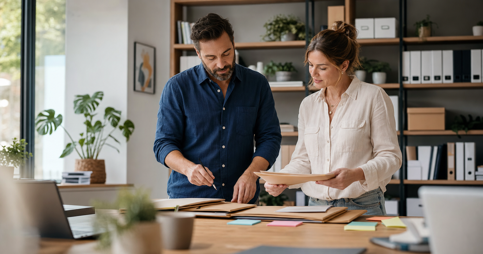 Small business owner and operations lead reviewing an internal knowledge management workflow