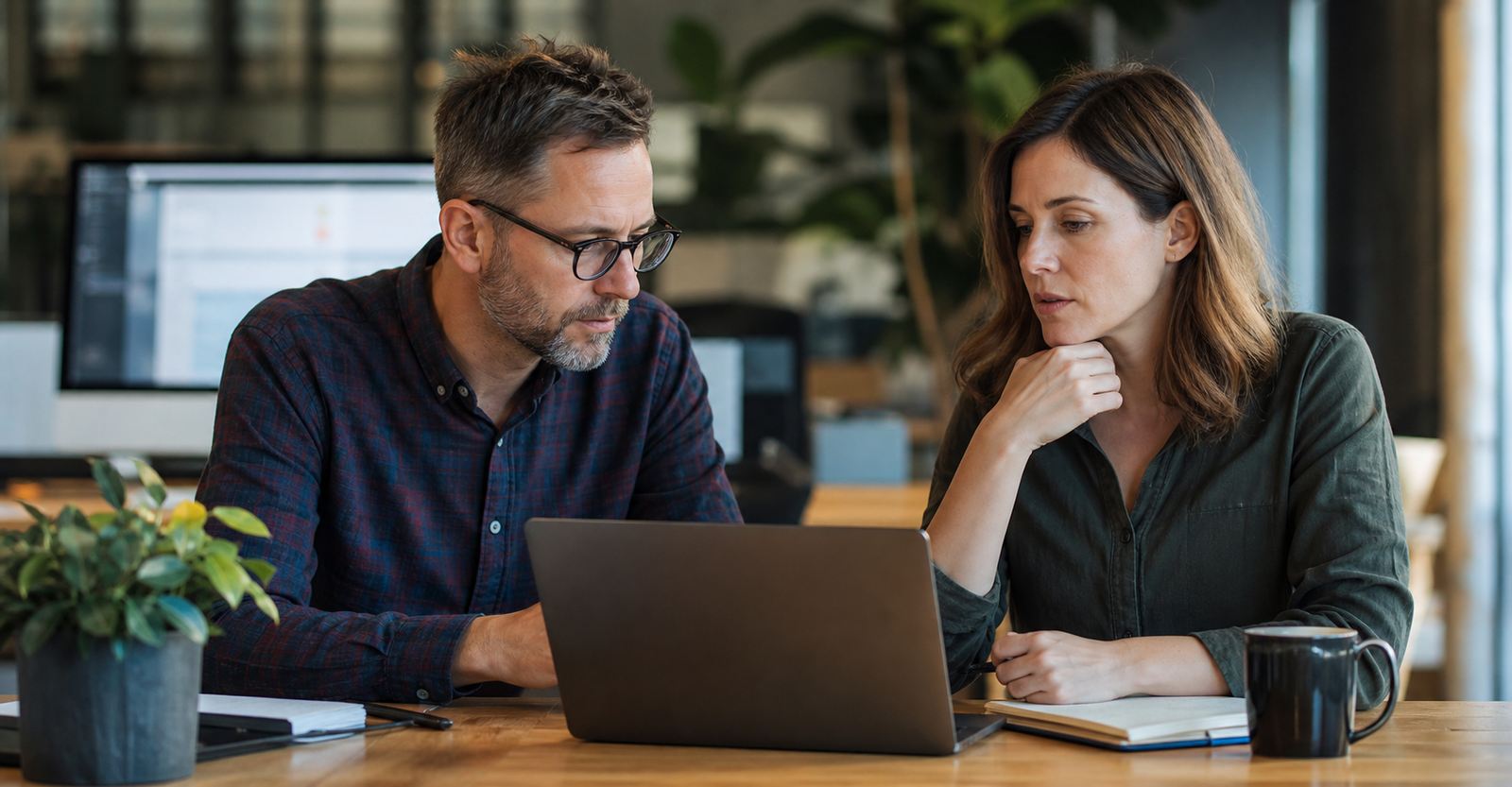 Small business owner and sales manager reviewing lead follow-up priorities together in a modest office