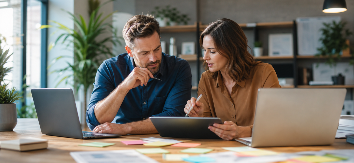 Small business owner and HR manager planning a hiring and onboarding workflow before automation