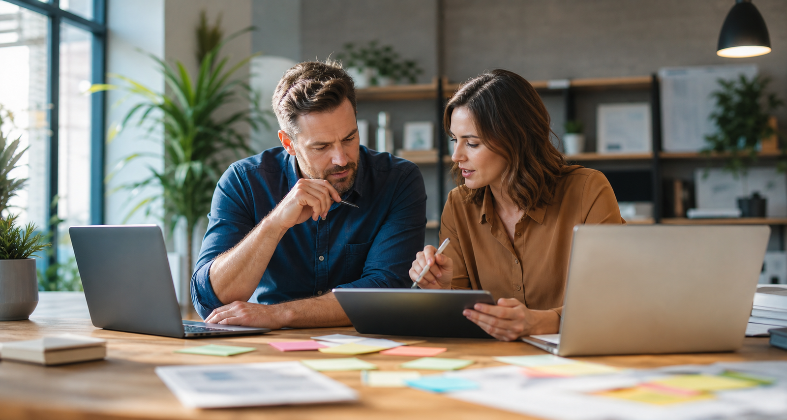 Small business owner and HR manager planning a hiring and onboarding workflow before automation