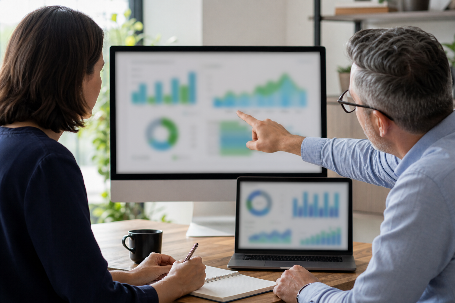 Small business owner and consultant reviewing AI Overviews measurement dashboards