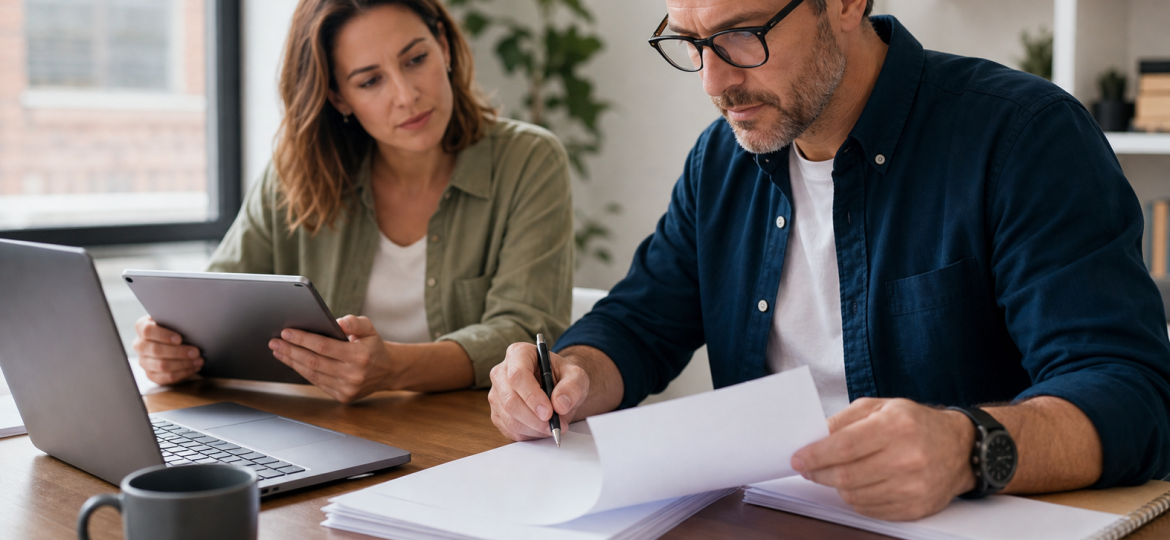 Small business owner and teammate reviewing blank proposal pages before sending a quote