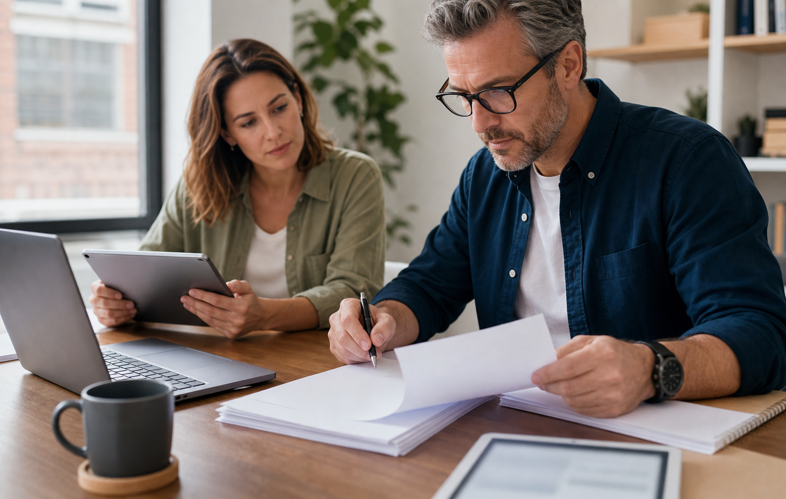 Small business owner and teammate reviewing blank proposal pages before sending a quote