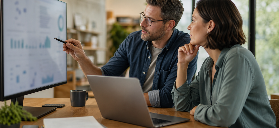 Small business owner and operations lead reviewing weekly business reporting automation on blurred dashboards