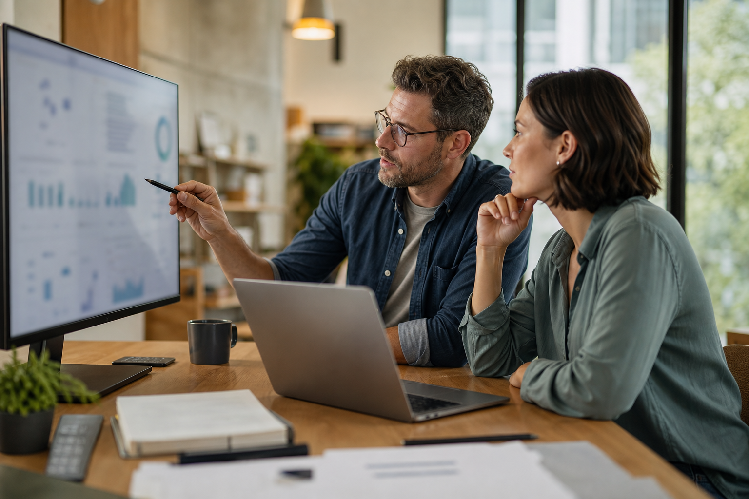Small business owner and operations lead reviewing weekly business reporting automation on blurred dashboards