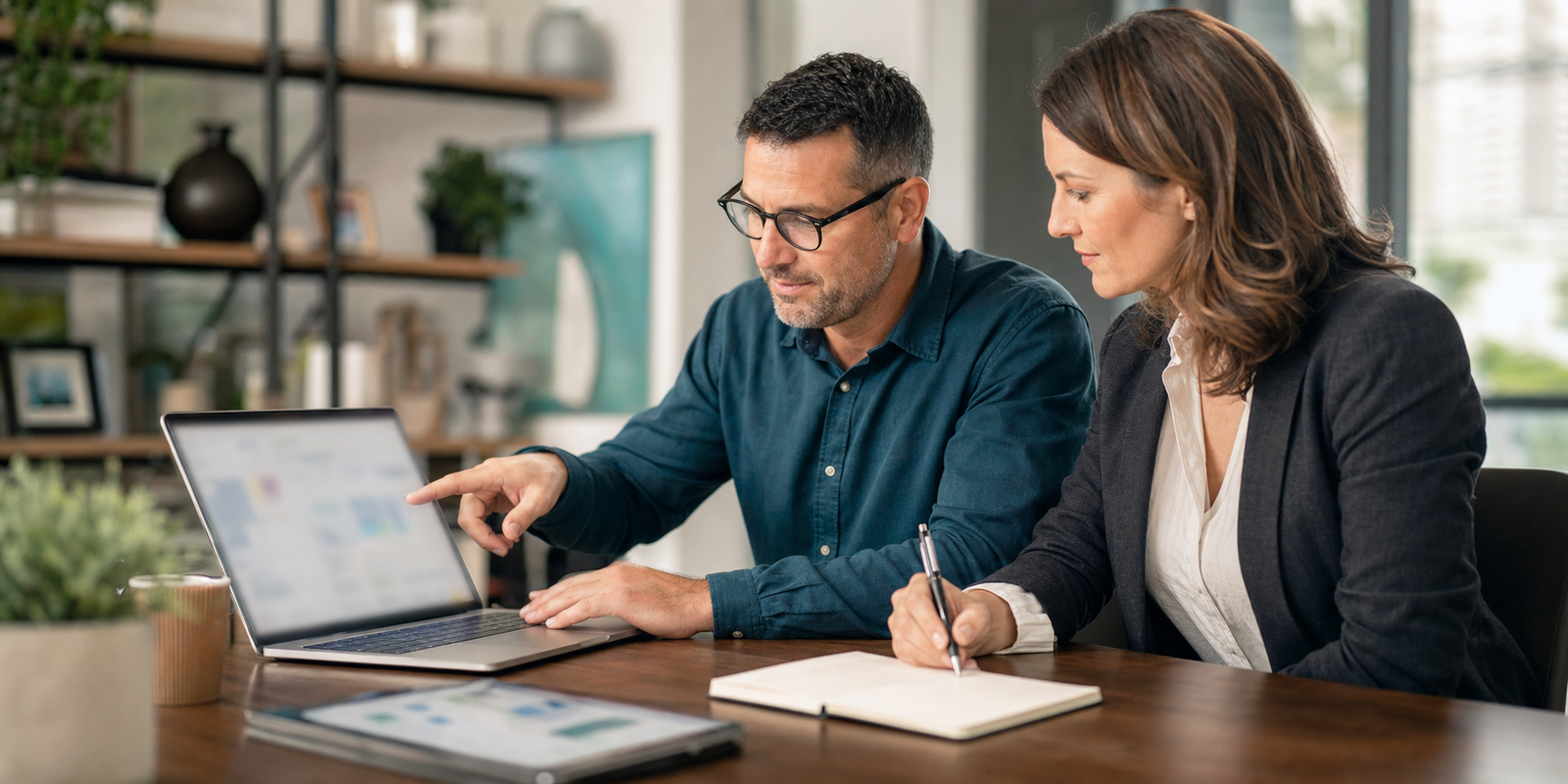 Small business owner and sales manager reviewing blurred lead notes and a sales dashboard before a call