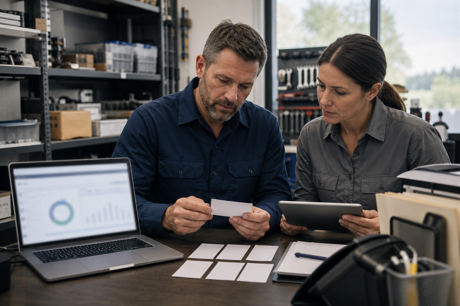 Small business owner and advisor reviewing blank AI search visibility audit cards