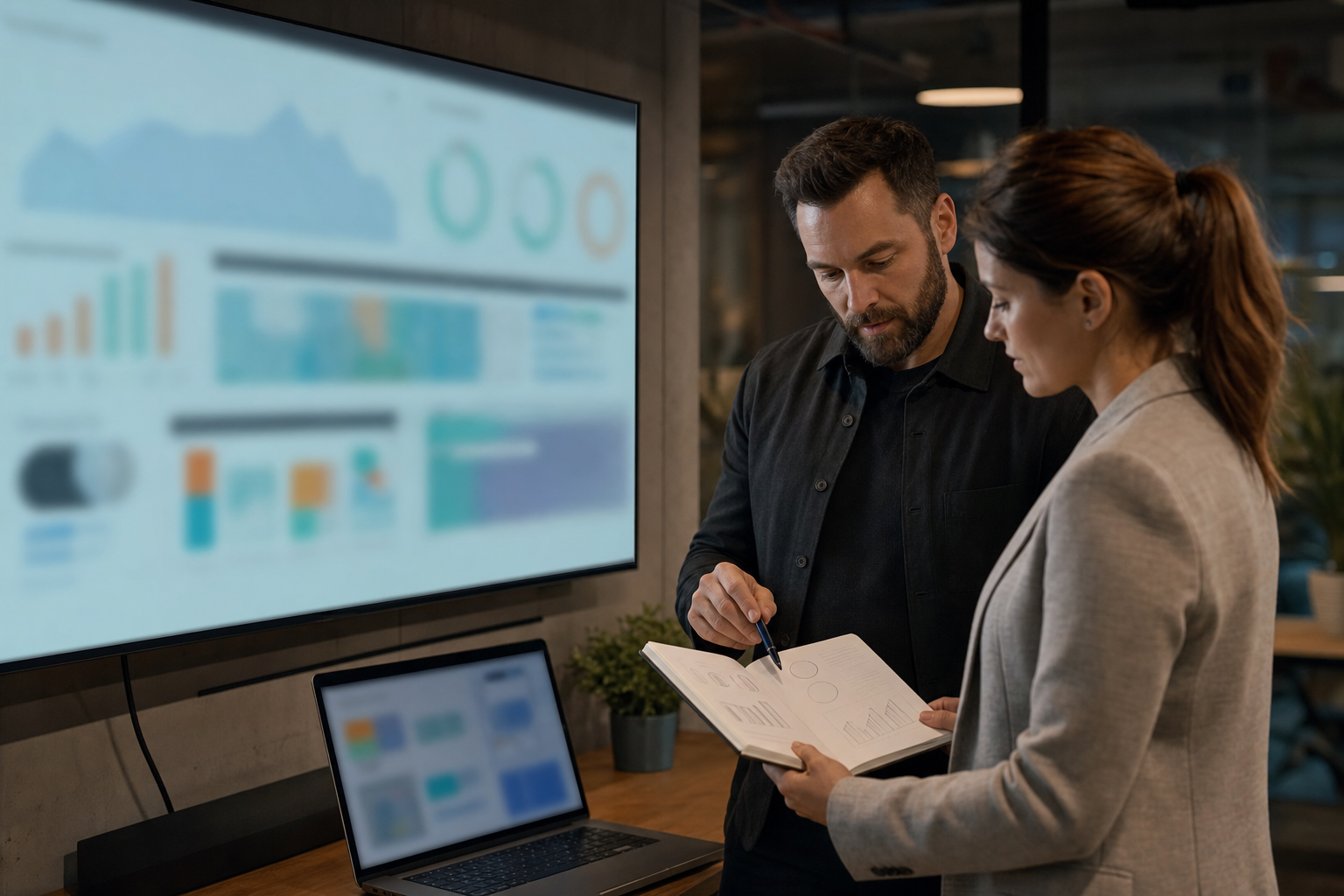 Small business owner and consultant reviewing AI search visibility and snippet performance with abstract unreadable dashboards