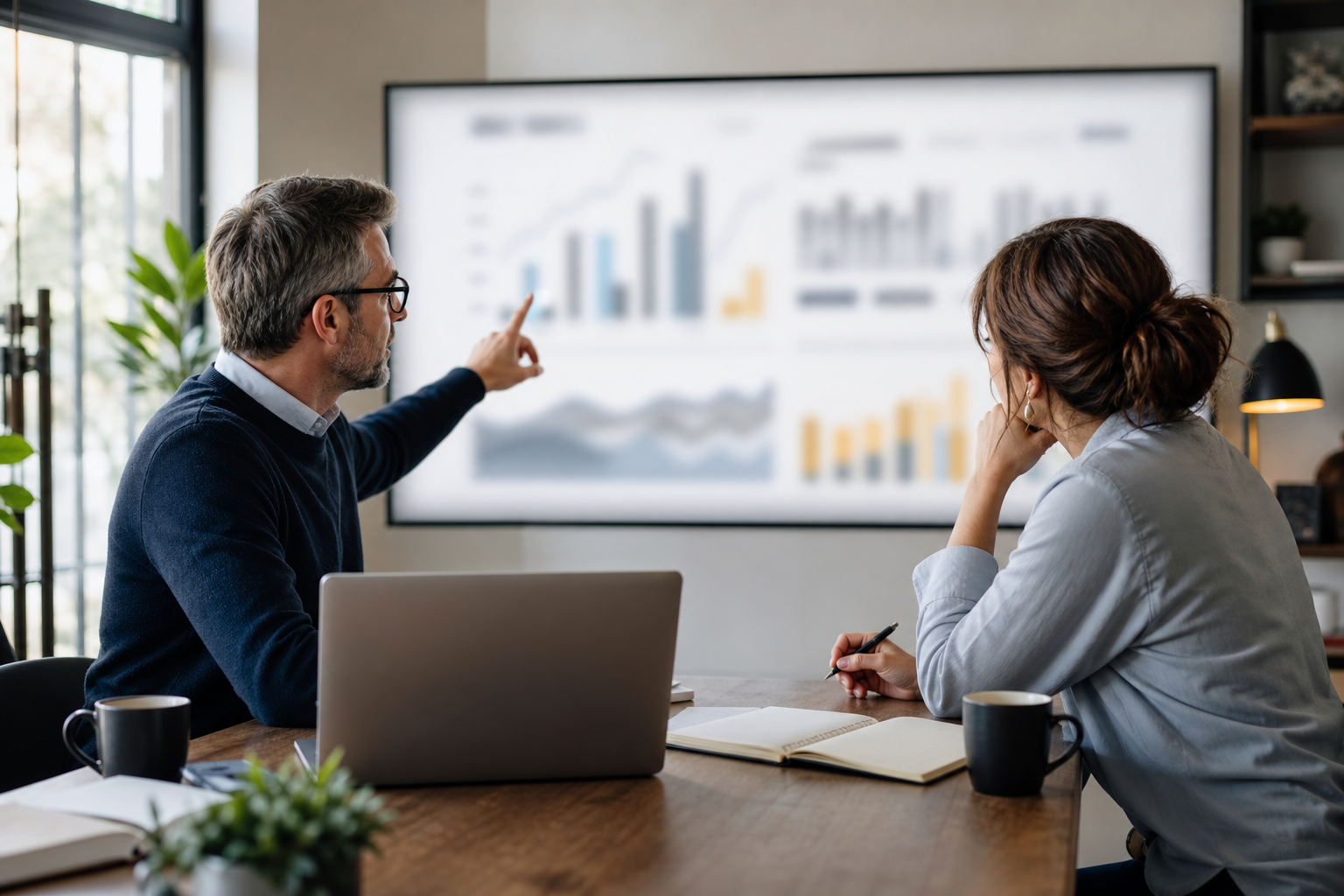 Small business owner and consultant reviewing blurred AI search visibility measurement patterns