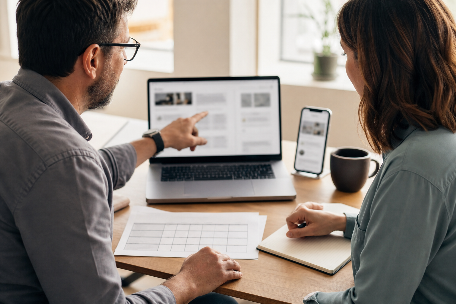 SMB operator and consultant reviewing repeatable AI search prompt tests on blurred screens