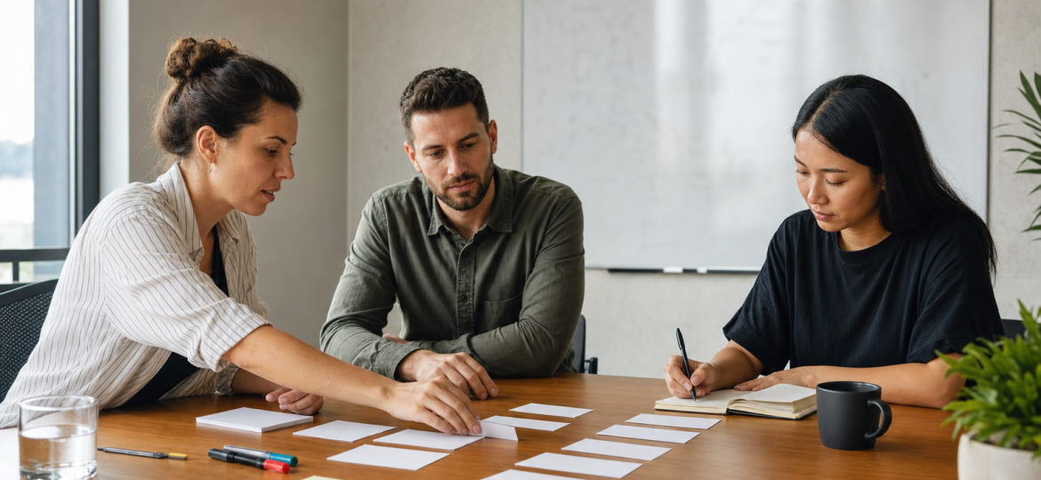 Small business team reviewing blank source quality cards for AI search visibility
