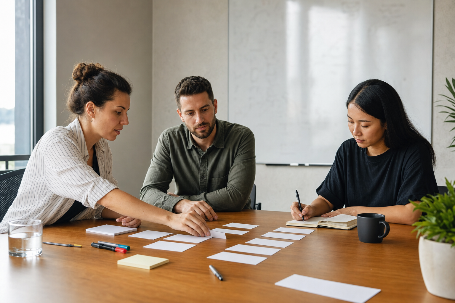 Small business team reviewing blank source quality cards for AI search visibility