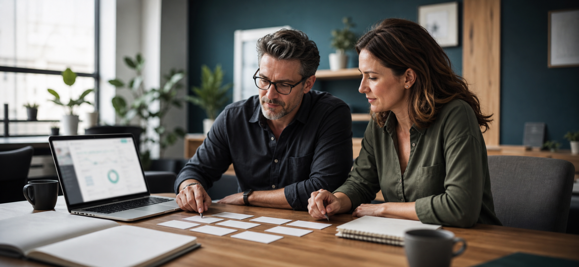 Small business owner and advisor reviewing blank AI search visibility checklist cards