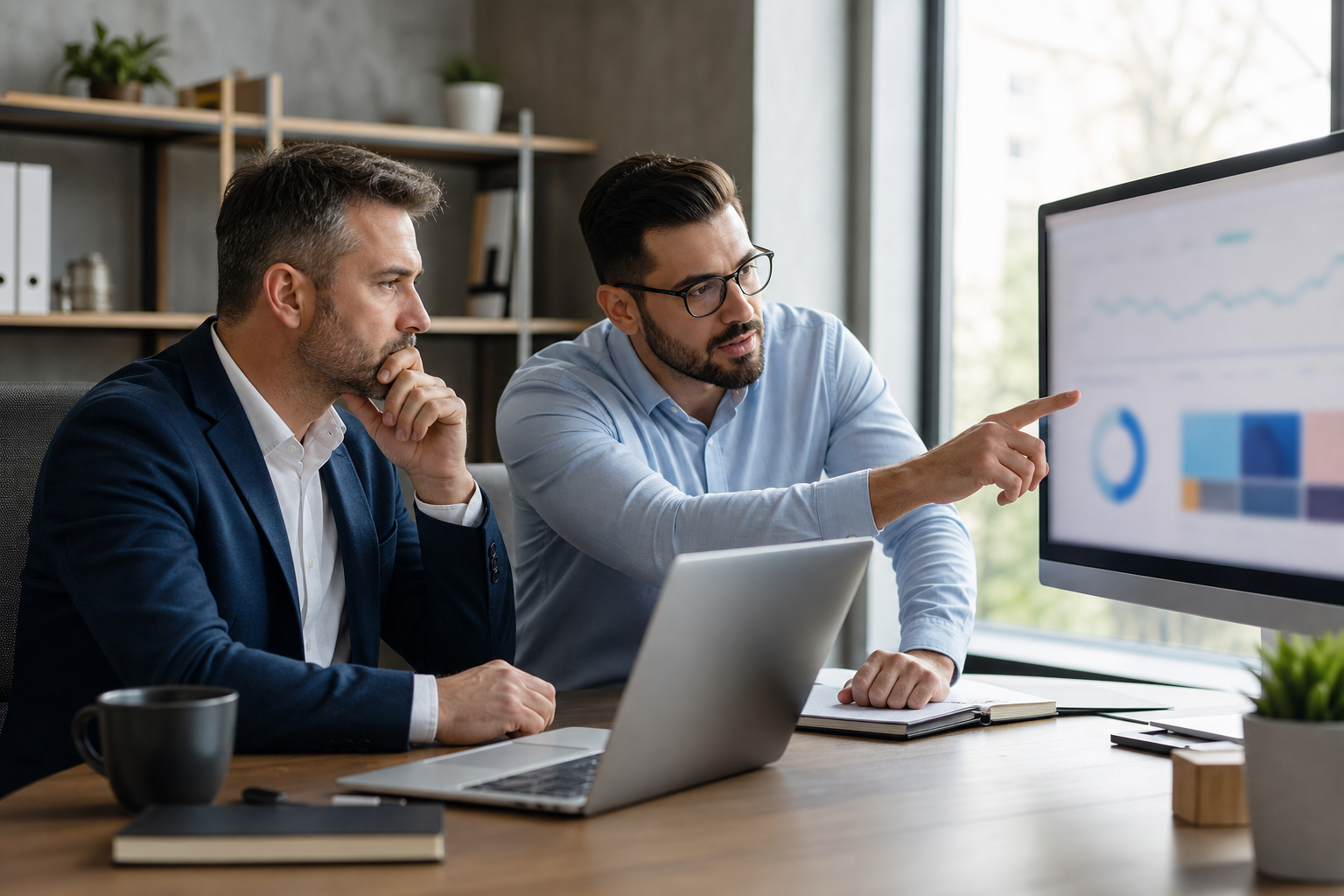 Small business owner and advisor reviewing blurred AI search visibility measurement charts