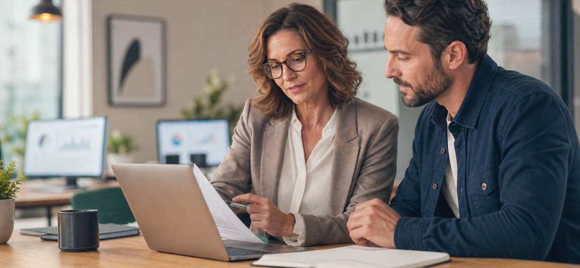 Small business owner and consultant reviewing an AI search visibility measurement plan