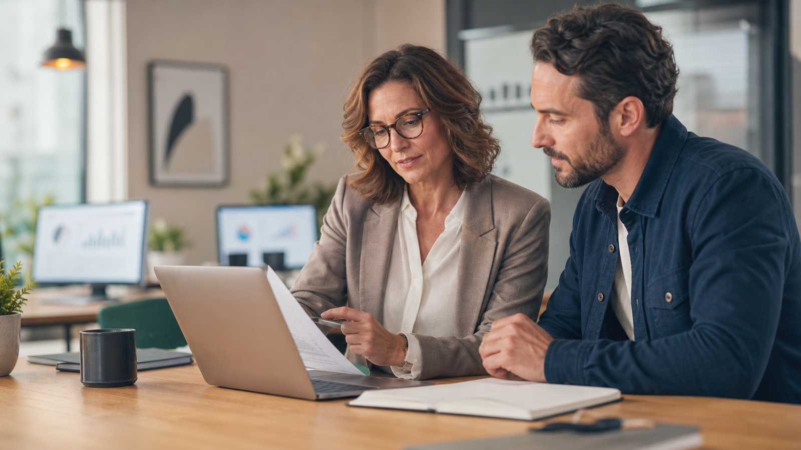 Small business owner and consultant reviewing an AI search visibility measurement plan