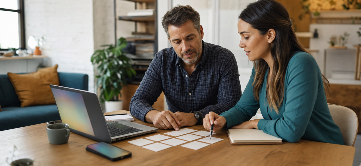 Small business owner and marketing coordinator reviewing an AI-assisted social media posting workflow