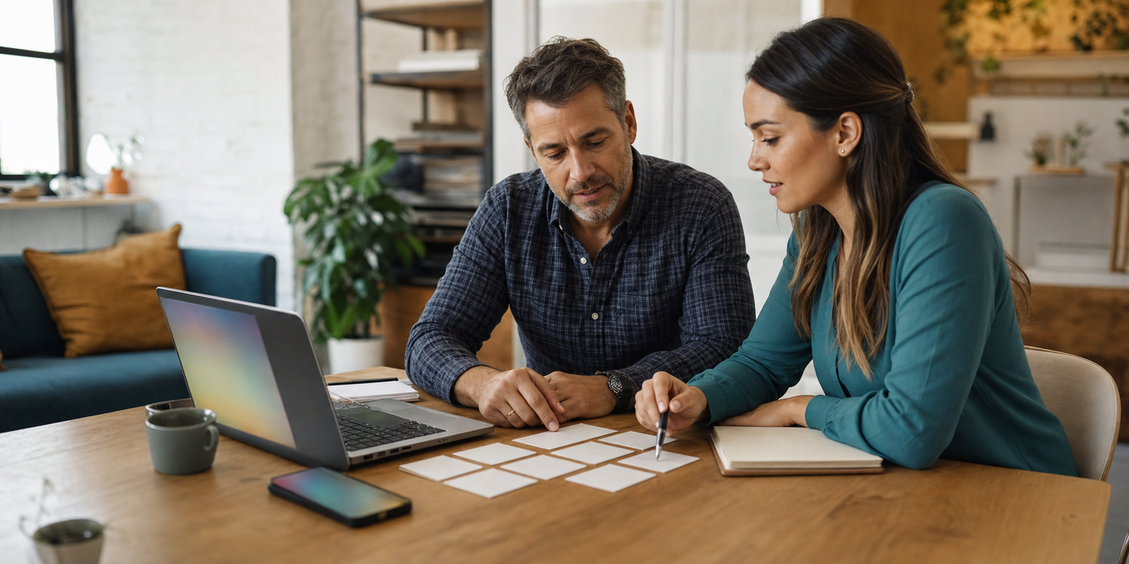 Small business owner and marketing coordinator reviewing an AI-assisted social media posting workflow