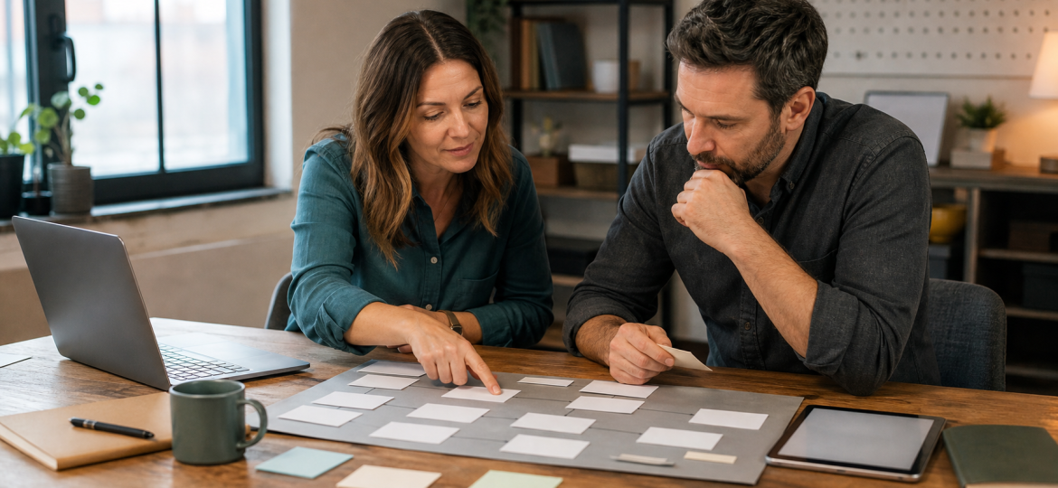 Small business owner and operations manager mapping a standard operating procedure workflow before automation