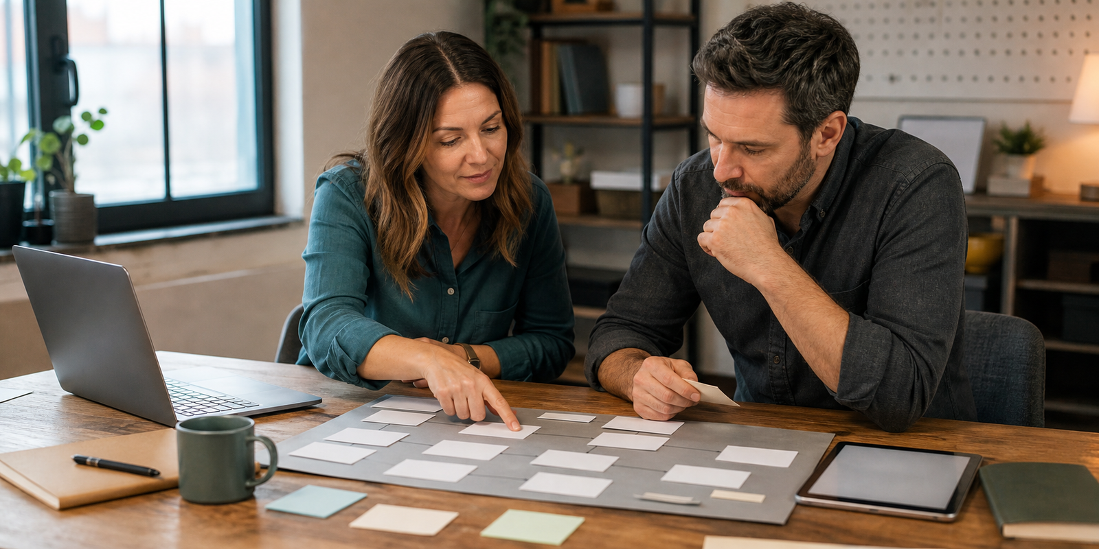 Small business owner and operations manager mapping a standard operating procedure workflow before automation