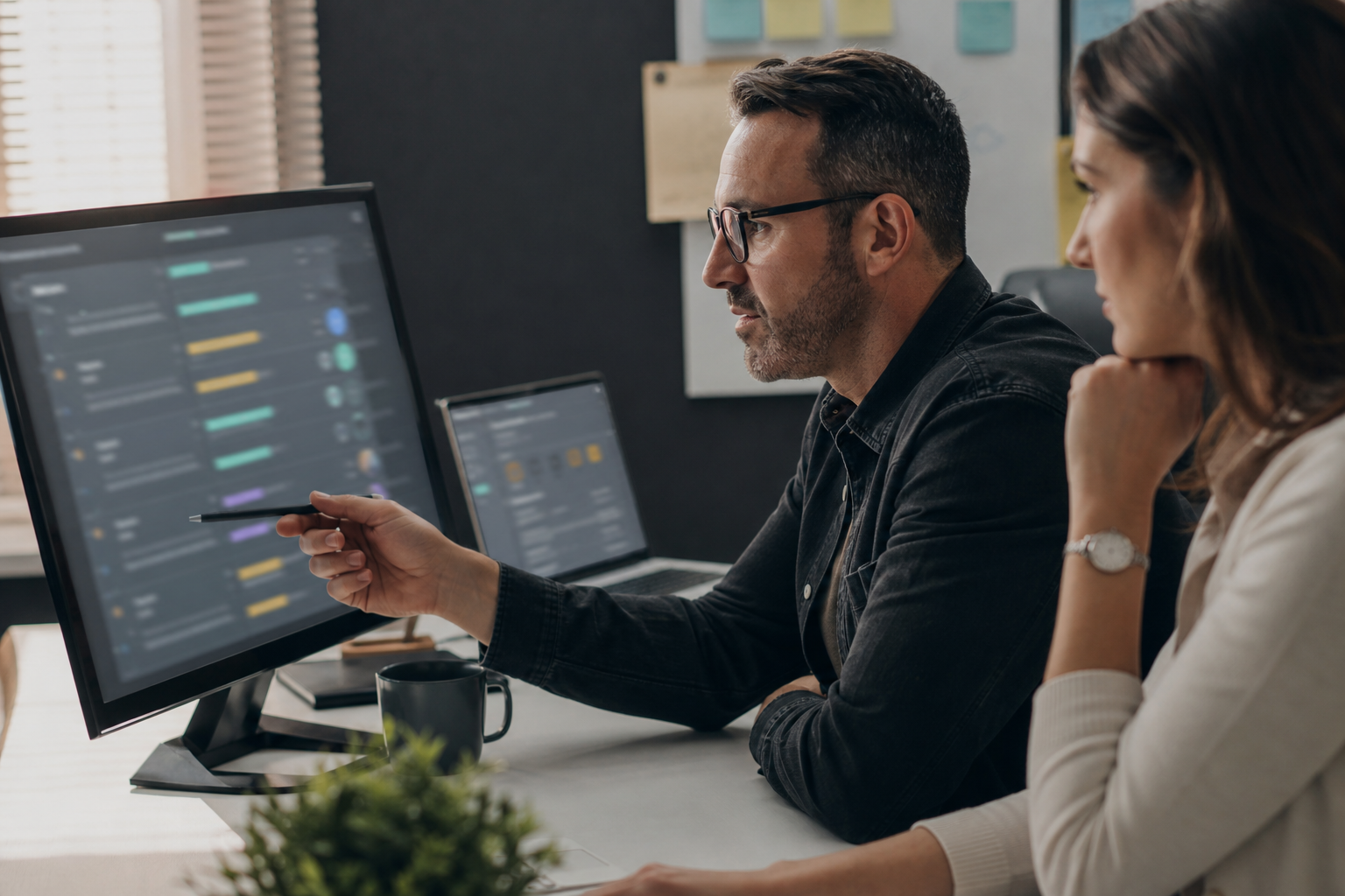 Operations manager reviewing an AI assisted task queue with human review checkpoints