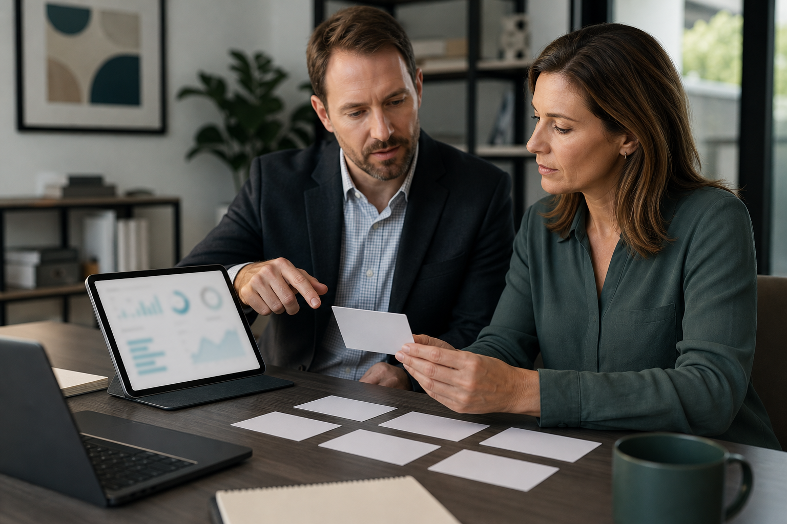 Advisor and SMB owner reviewing blank AI search visibility measurement cards and blurred dashboards
