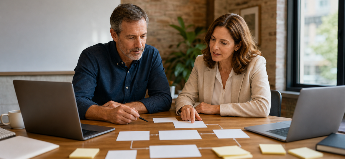 AI automation consultant and small business owner reviewing blank workflow cards during an audit