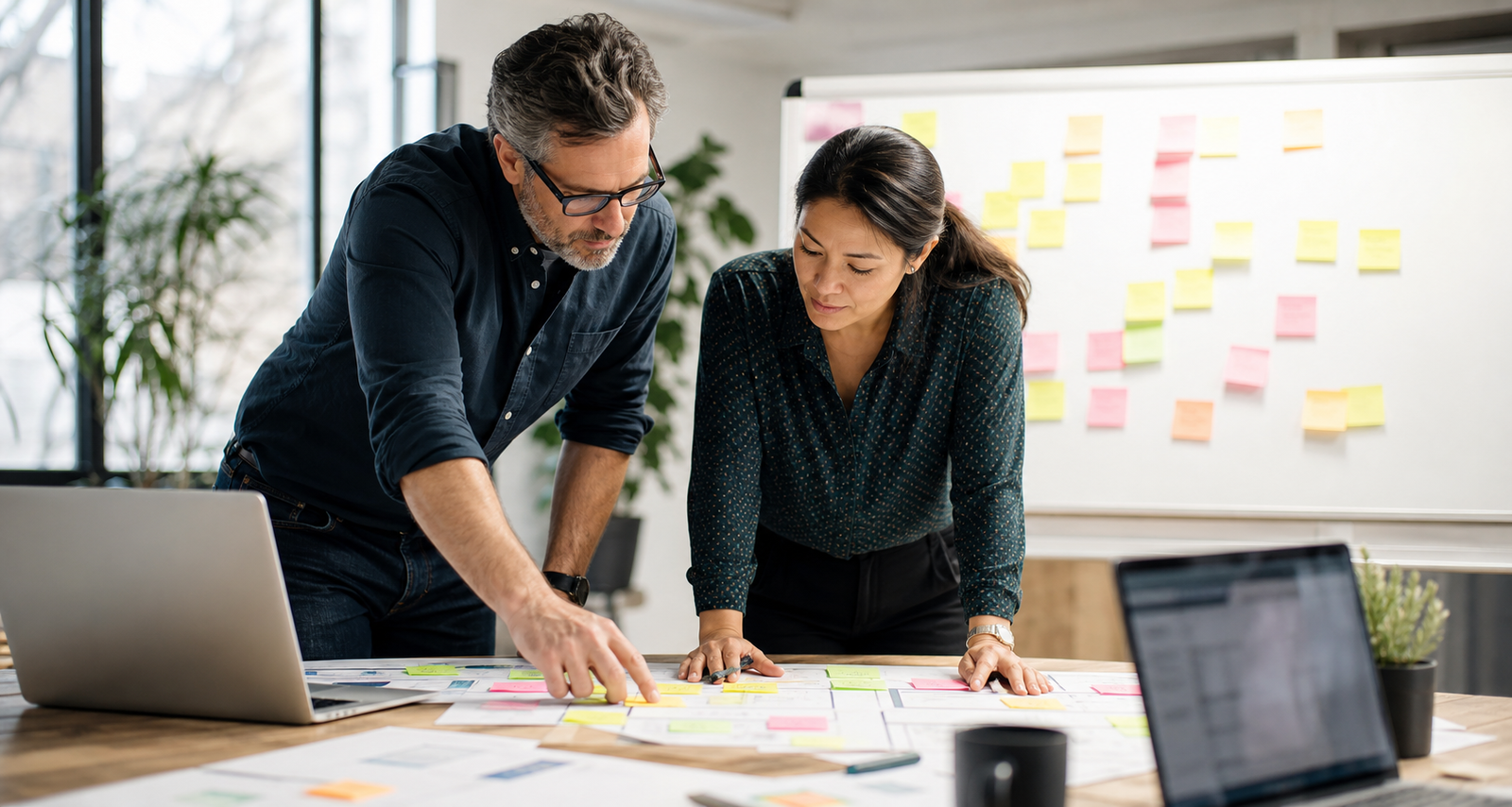 Small business owner and operations lead building an AI workflow map before buying automation tools