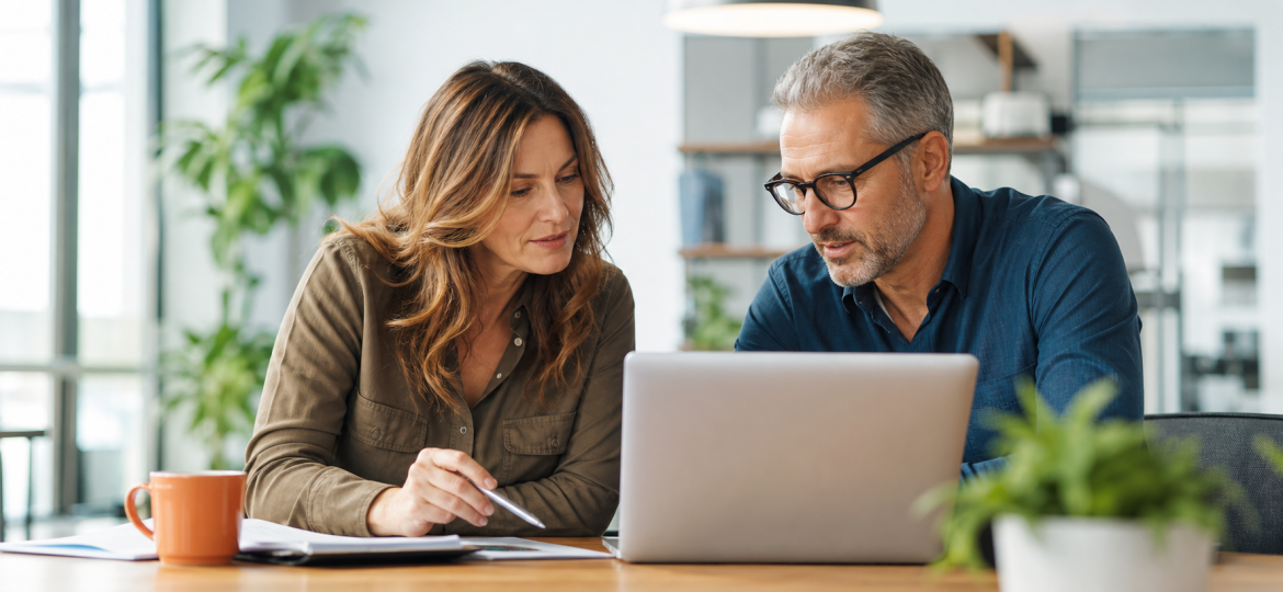 Small business owner and consultant reviewing website visibility planning for Google AI Overviews